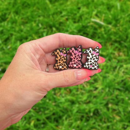 Leopard Print Bunny Rabbit with Pink Bow 3D Silicone Focal 12pk Bulk 1.17x0.87” Beadable Pens Mixed Assorted Country Chic Cheetah Easter
