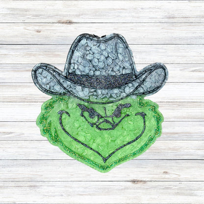 Grouch in Cowboy Hat Green Monster Stole Christmas Car Freshie Silicone Mold 4.1x4.1x0.8” Aroma Beads Holiday DIY Rounds Cardstock Oven Safe