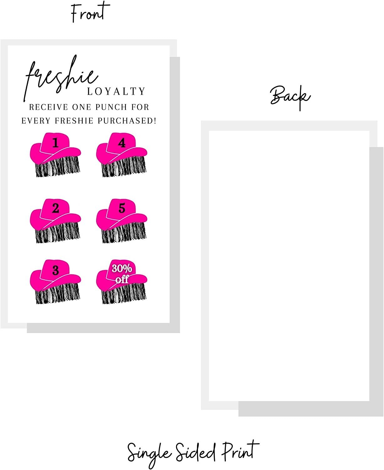 Freshie Loyalty Cards with Fringe Cowgirl Hats | 50 Pack | 2" x 3.5" inches Business Card Size | Freshies Supplies | Customer Loyalty | White Card with Pink Hats