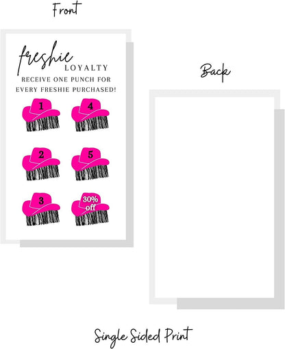 Freshie Loyalty Cards with Fringe Cowgirl Hats | 50 Pack | 2" x 3.5" inches Business Card Size | Freshies Supplies | Customer Loyalty | White Card with Pink Hats