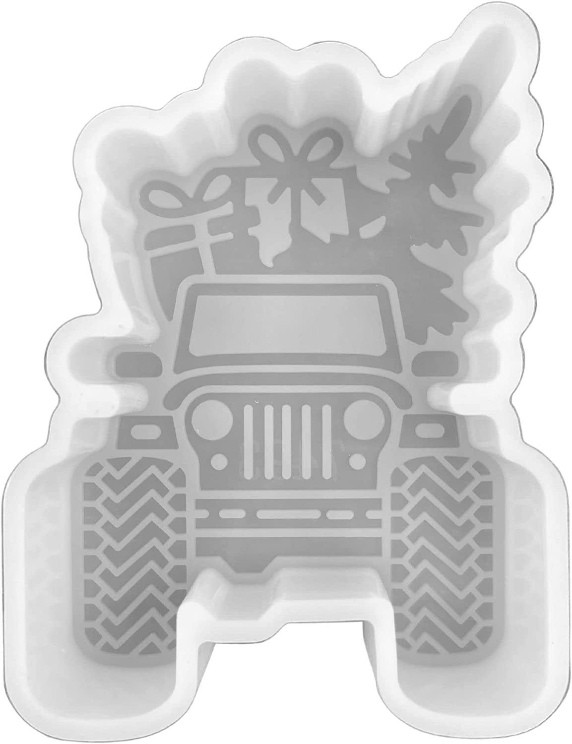 Christmas Tree Truck SUV Grill Holiday Presents Car Freshie Mold for Scented Cured Aroma Beads 3.9x3x0.8”D Country Resin, Car Candle, Soap, Freshie Oven Safe Silicone Heat Resistant Duck