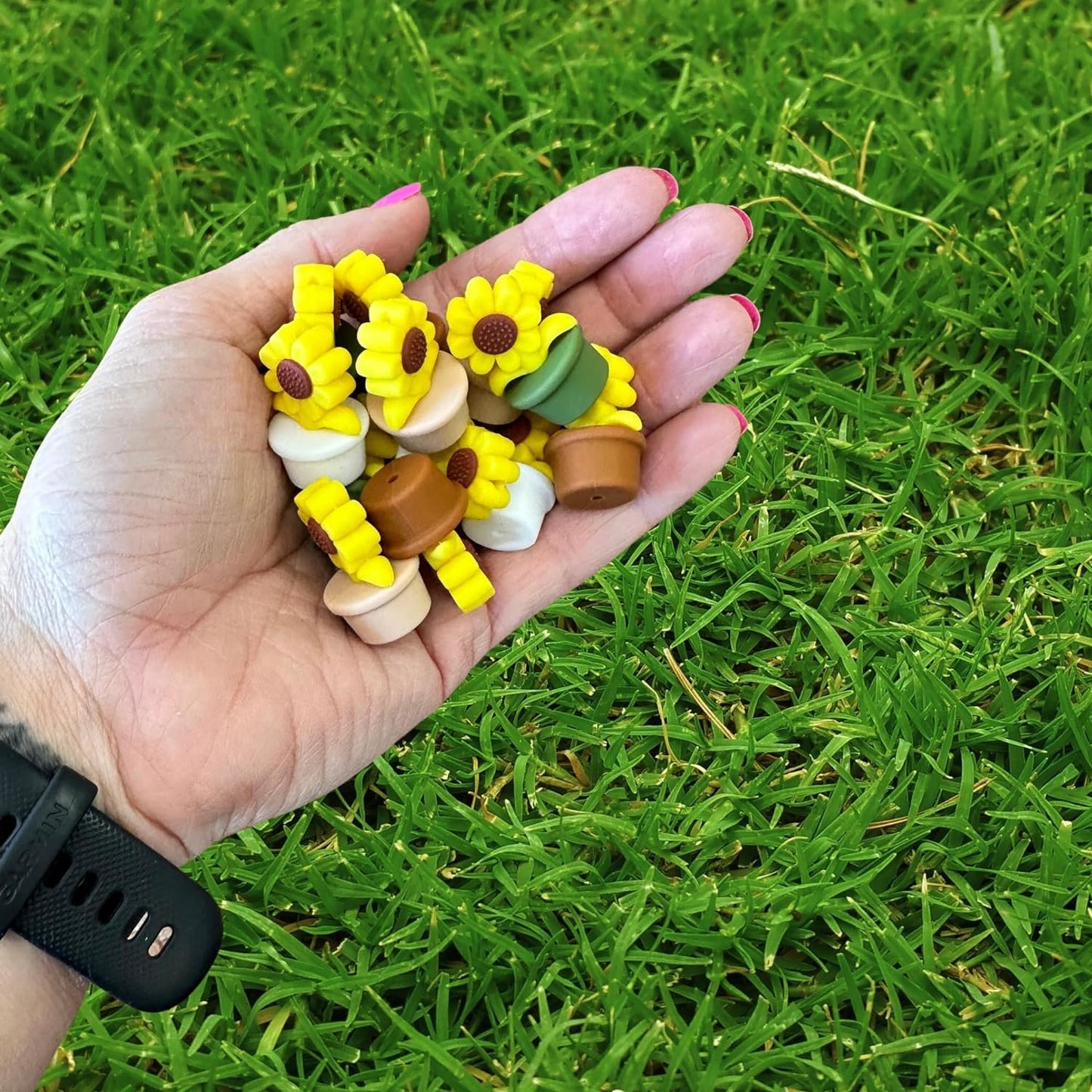 Sunflower Silicone Focal Bead Set | 12 Pc Mixed Pack Boho Colors Summer Succulent Green Potted Flower Bulk Wholesale for Keychain Making Kit Pen Freshie Hanger