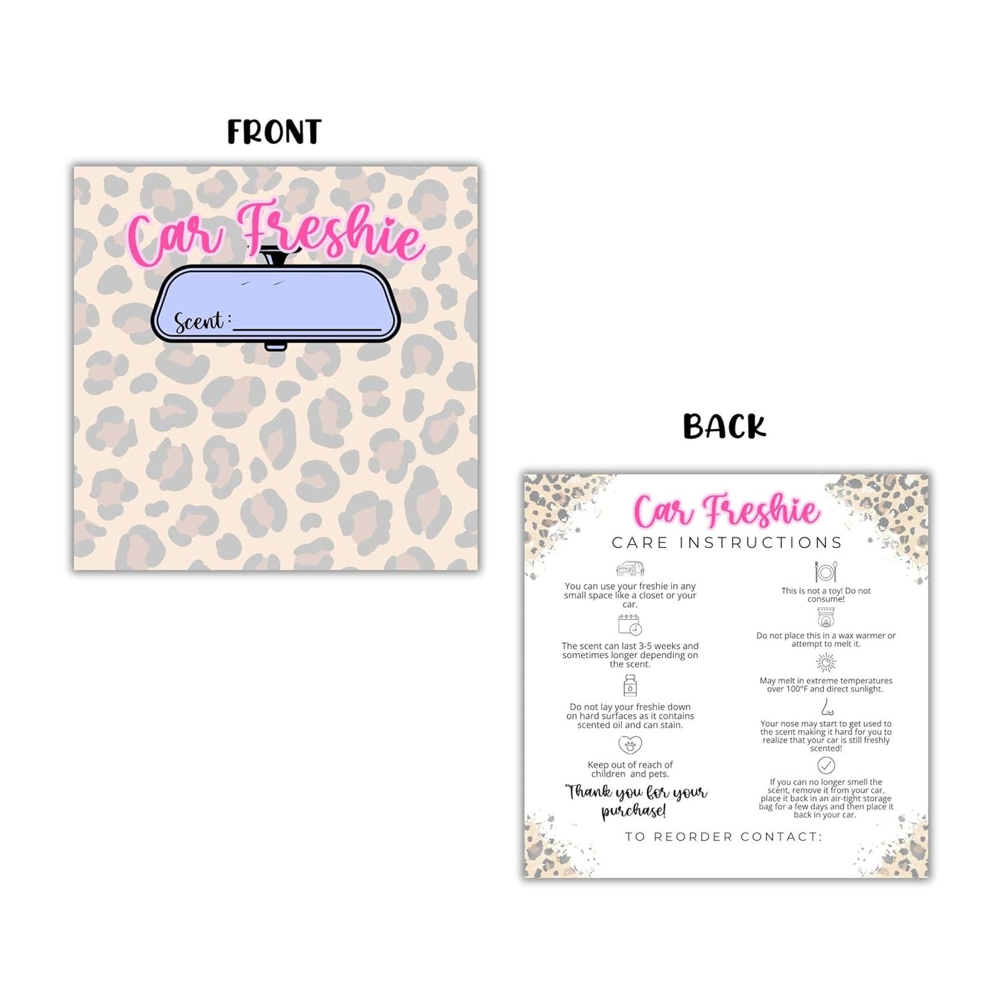 Leopard Print Cheetah Cardstock Inserts for Car Freshie Bags 30pk 5.6x5.6” Packaging Care Instructions Ideal for Sacks 6” Square Backers for Customers Country