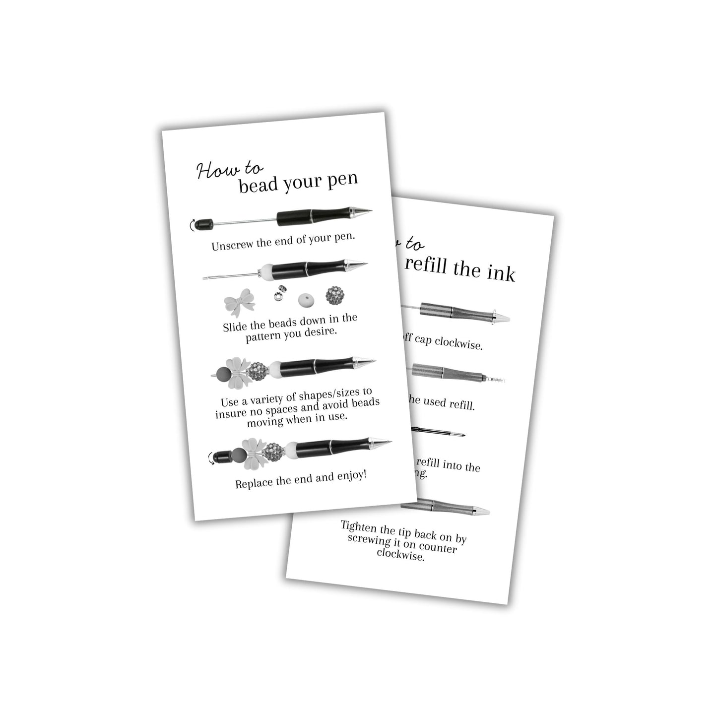 How To Bead Your Pen with Focal Beads and Refill the Ink Instruction Cards Cards 50pk 2x3.5” For DIY Beadable Pen Crafters Sellers Packaging