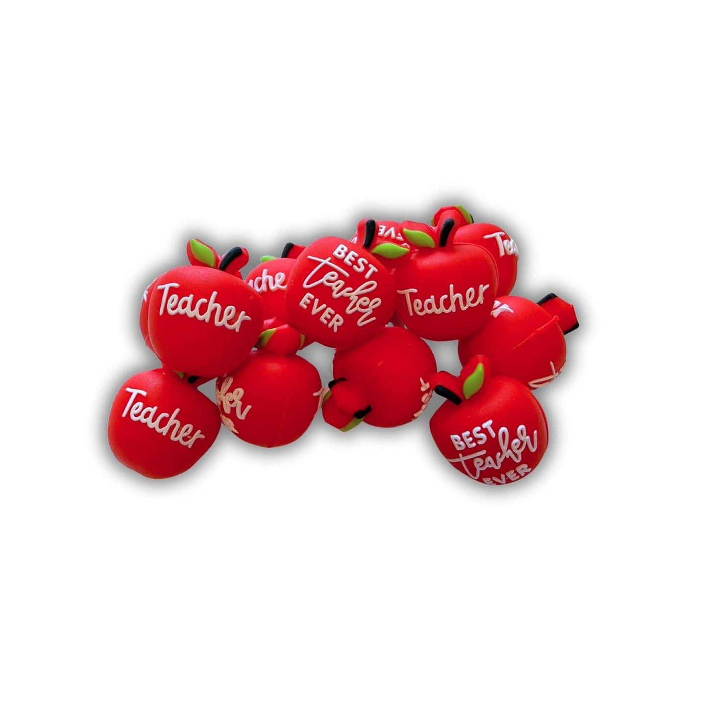 Best Teacher Ever Red Apple 3D Silicone Focal Bead 12pk Bulk 0.86x0.72” School Year Gift Beadable Keychain Pens 2 Hole DIY Kit Elementary