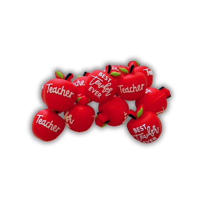 Best Teacher Ever Red Apple 3D Silicone Focal Bead 12pk Bulk 0.86x0.72” School Year Gift Beadable Keychain Pens 2 Hole DIY Kit Elementary