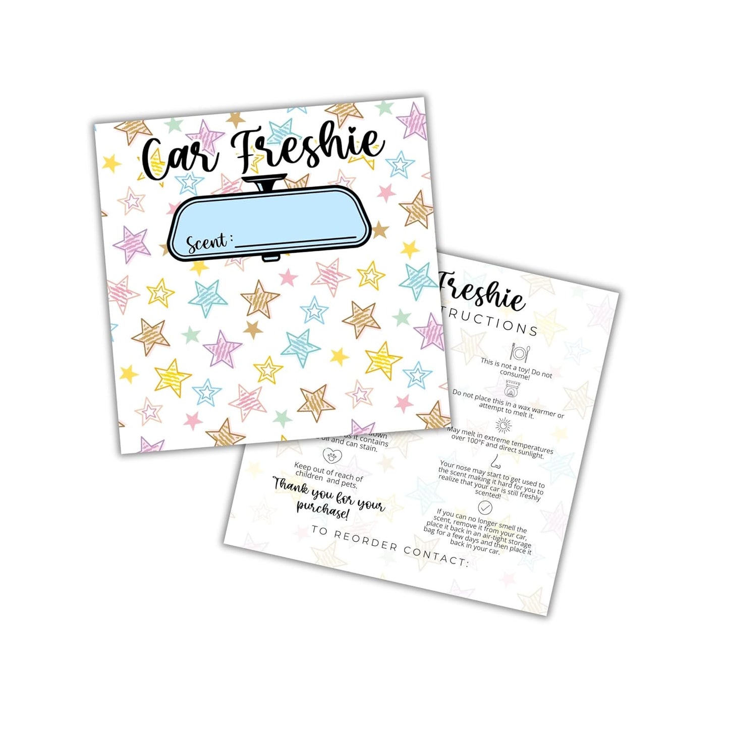 Stars Colorful Cardstock Inserts for Car Freshie Bags 30pk 5.6x5.6” Packaging Care Instructions Ideal for Sacks 6” Square Backers for Customers