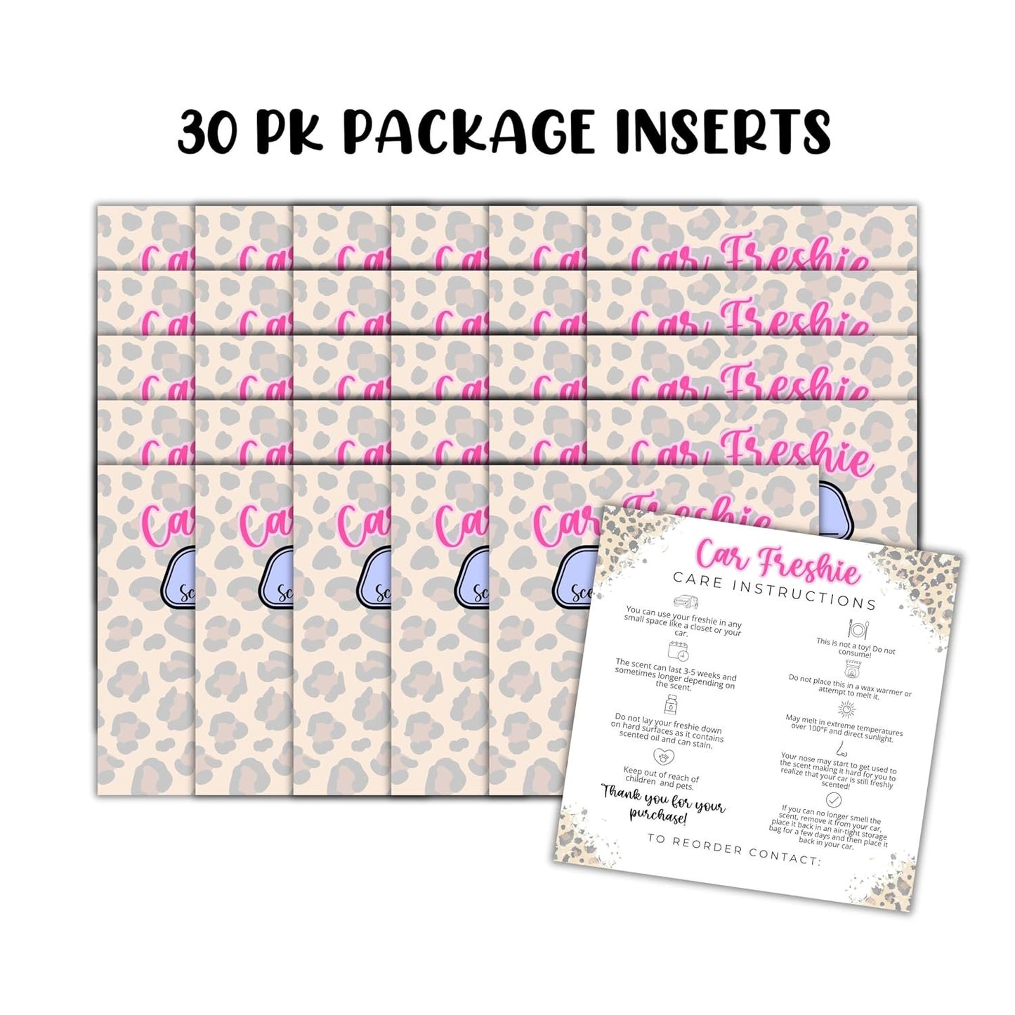 Leopard Print Cheetah Cardstock Inserts for Car Freshie Bags 30pk 5.6x5.6” Packaging Care Instructions Ideal for Sacks 6” Square Backers for Customers Country