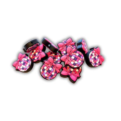 Disco Ball Purple Pink Bow Silicone Focal Bead 12pk Bulk 1.08x1.03” Retro 90’s Country Chic Beadable Pen 2 Holes Slider Dance Keychain