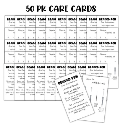 Beaded Pens Care Instruction Cards 50pk 2x3.5” Beadable Blanks for Clients Focal Beads Crafters Keychain Makeup Bottle Opener Bubblegum