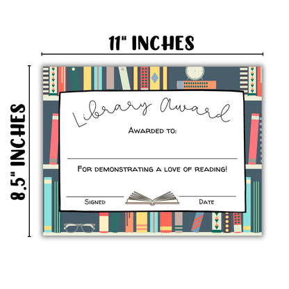 Library Award Certificate of Appreciation Books Read School | 50pk 8.5x11” Paper for School Most Improved Reader Handouts Most Books Read Librarian Ribbons Medal Star