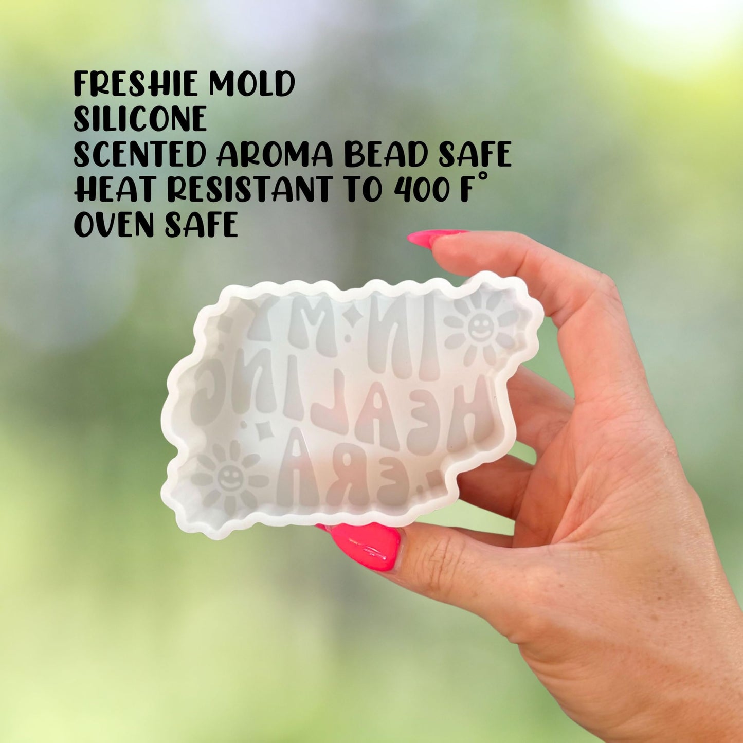 in My Healing Era Silicone Car Freshie Mold 4.5x2.75” Mental Health Mama Scented Aroma Beads Candle Oven Safe Rounds Iced Coffee