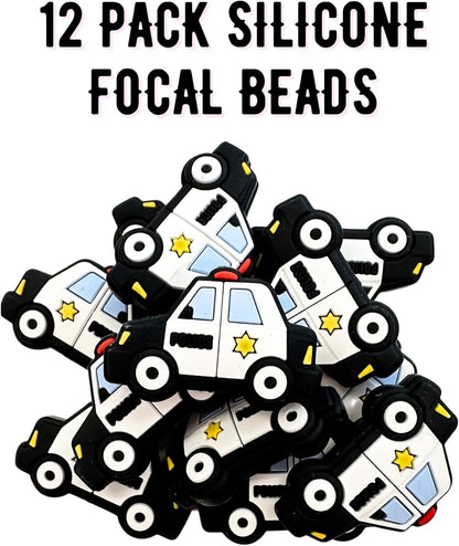 Police Car Officer Blue Line Silicone Focal Bead | 12 Pack Law Enforcement for Freshie Hangers Beaded Pens 1.4” Wholesale Bulk Keychain Brushes