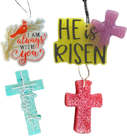 Christian Jesus Religious Car Freshie Silicone Molds | Bulk 4 pk Car Freshener Scented Aroma Bead Oven Safe 450 F He is Risen, Cross, Blessed, I Am Always with You Cardinal