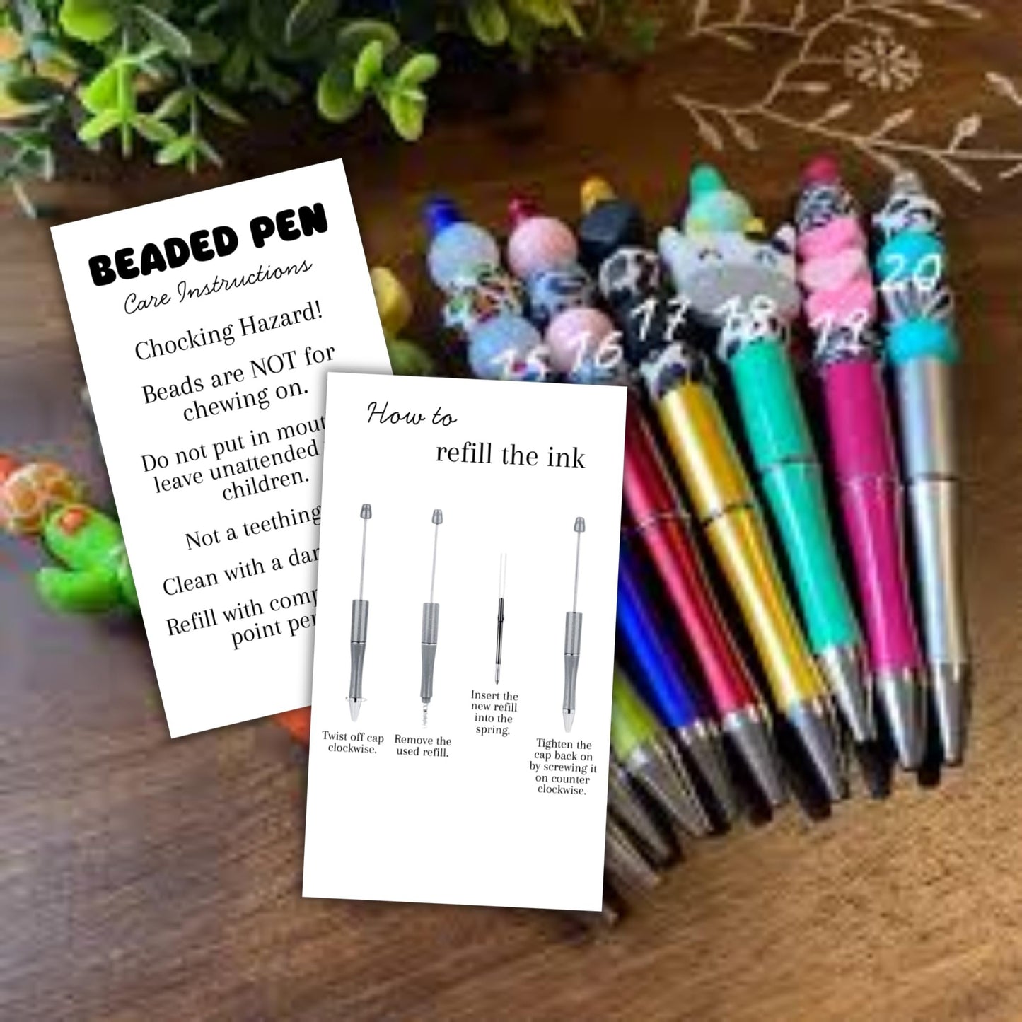 Beaded Pens Care Instruction Cards 50pk 2x3.5” Beadable Blanks for Clients Focal Beads Crafters Keychain Makeup Bottle Opener Bubblegum