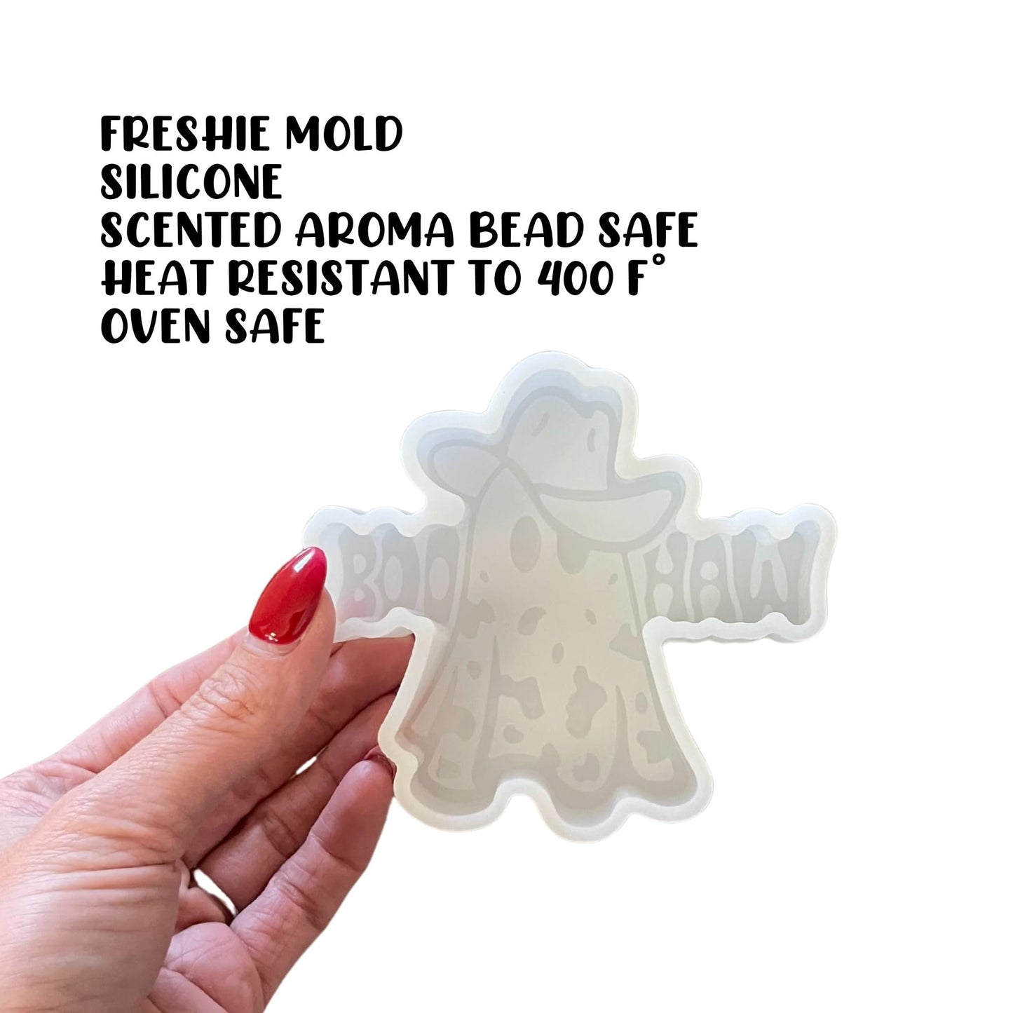 Boo Haw Ghost Cowboy Hat Silicone Car Freshie Mold 3.9x3.8x0.8” Halloween Spooky Country Western DIY Aroma Scented Beads Oven Safe