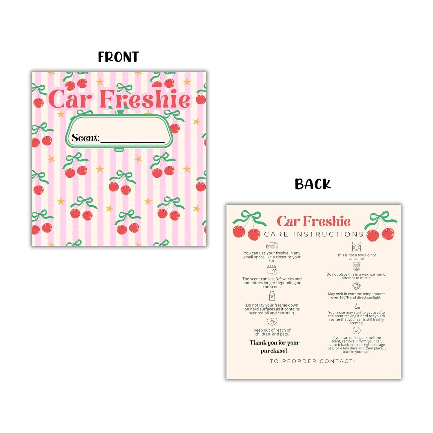 Cherry Stripes Retro Cardstock Inserts for Freshie Bags 30pk 5.6x5.6” Packaging Care Instructions Ideal for Sacks 6” Square Backers for Customers Minimalist