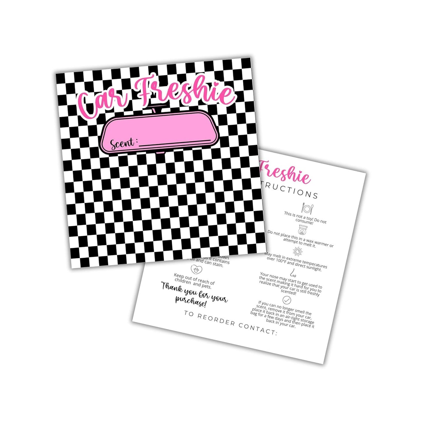 Black White Checkered Cardstock Inserts for Freshie Bags 30pk 5.6x5.6” Packaging Care Instructions Ideal for Sacks 6” Square Backers for Customers Minimalist