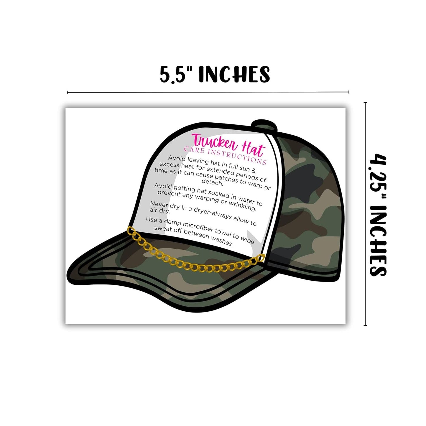 Trucker Hat Care Instruction Cards 30pk 4.25x5.5” Die Cut Patch Press Custom Cleaning Guide Packaging Thank You Boutique Tag DIY