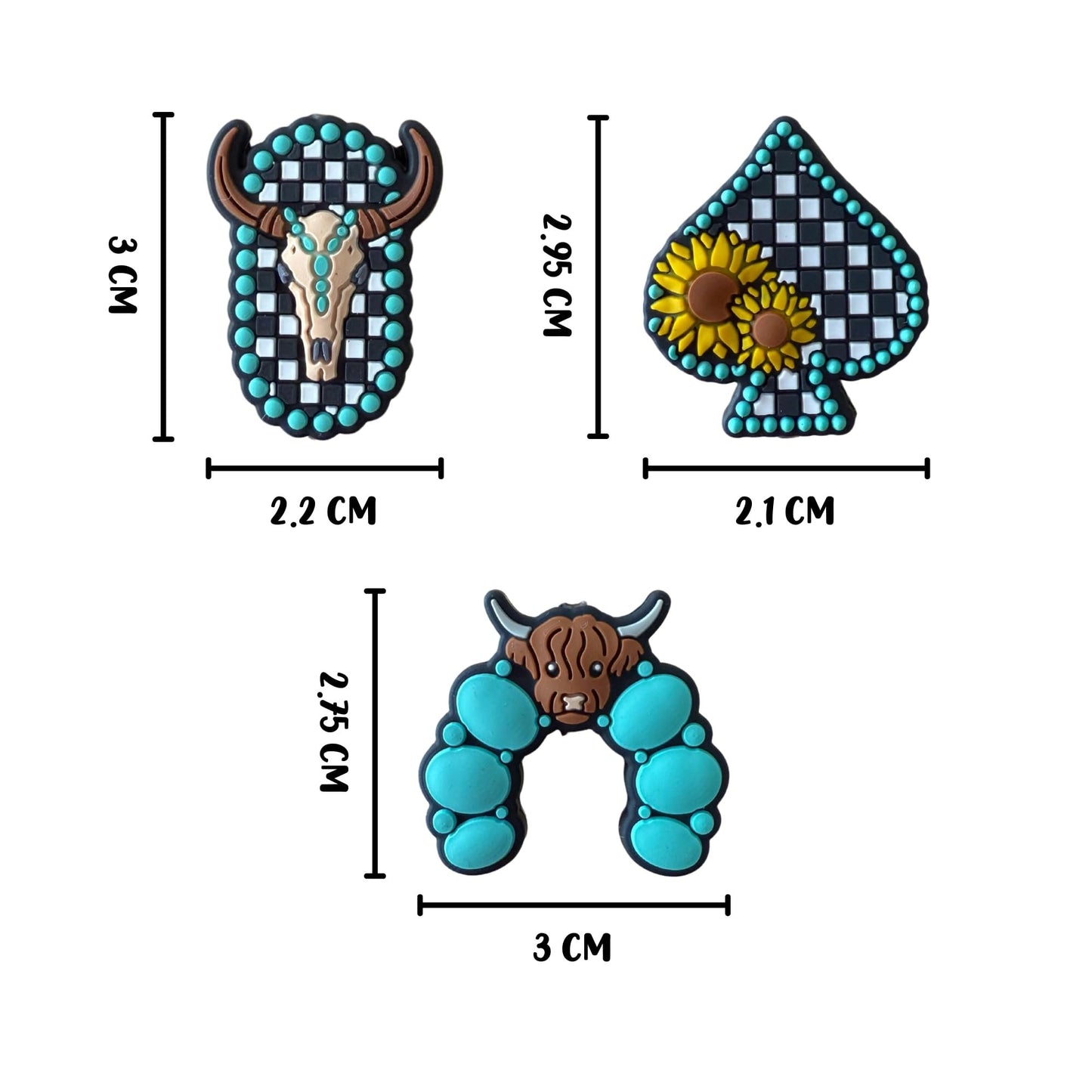 Cow Checkered Western Teal Silicone Focal Beads Mixed Assorted Skull Bulk Pack 12pc 2.75cm for Beadable Pens Keychains Freshie Hangers