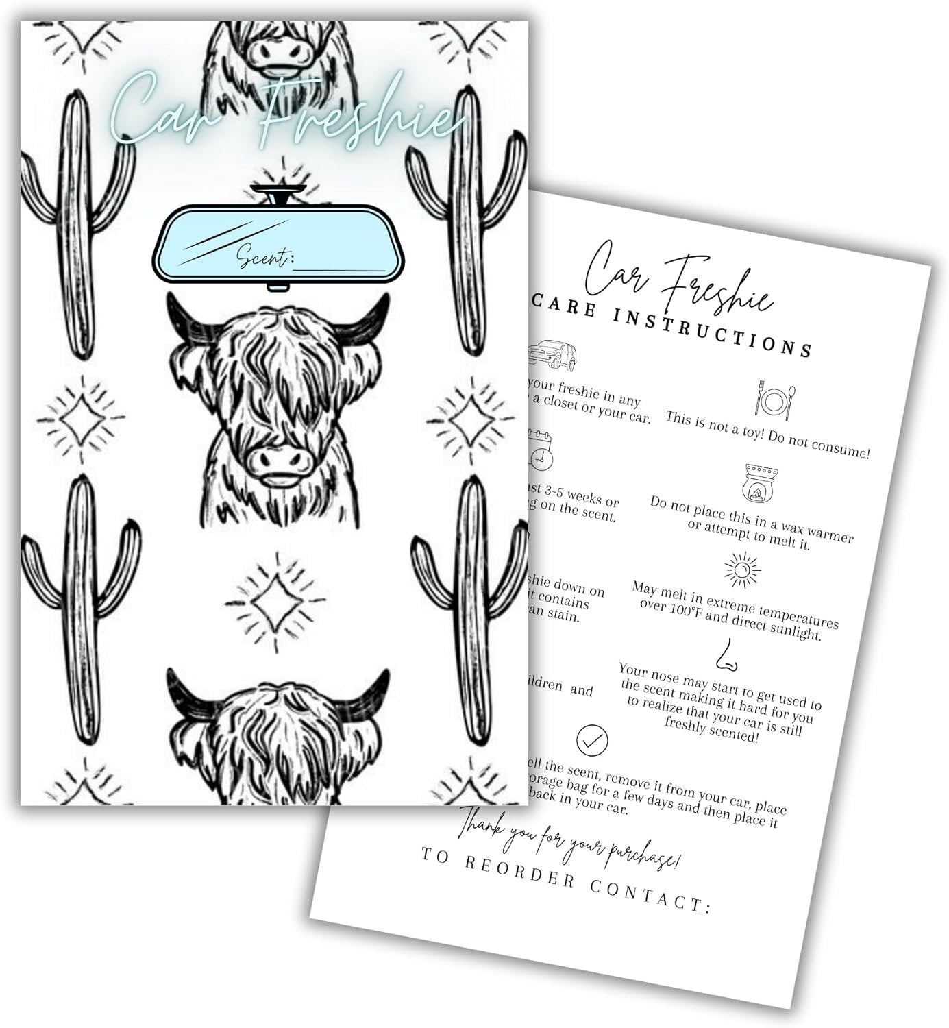 Car Freshie Insert Cards | 50 pk 5.5x8.5” Cactus Cow Modern Simple, fits in 6x9” for Holographic Bags Freshie Scent Label Care Instruction Cardstock