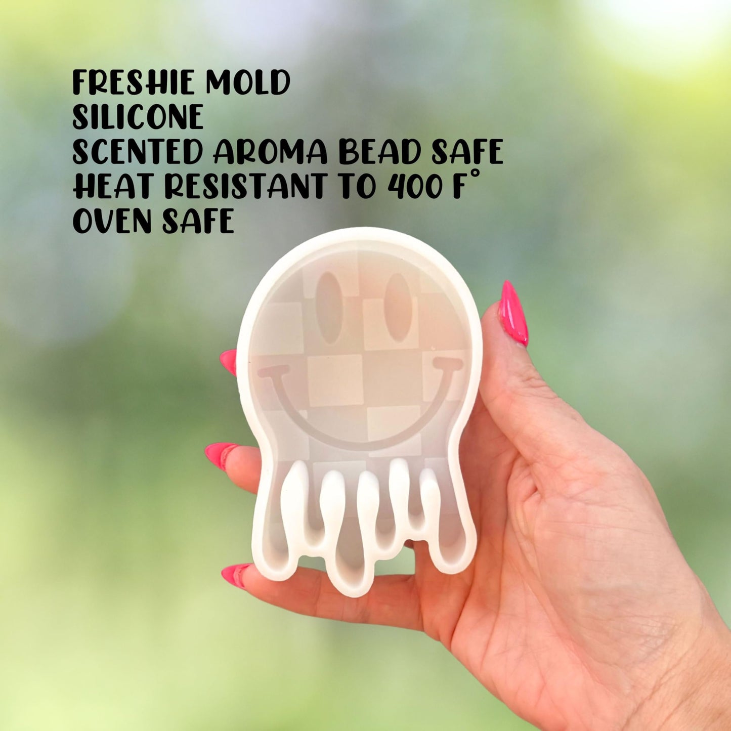 Checkered Drippy Smiley Face Silicone Freshie Mold 2.75x4” 90’s Retro Trendy Car Candle Hanger Unique Drip Design DIY Oven Bake