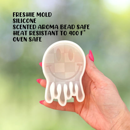 Checkered Drippy Smiley Face Silicone Freshie Mold 2.75x4” 90’s Retro Trendy Car Candle Hanger Unique Drip Design DIY Oven Bake