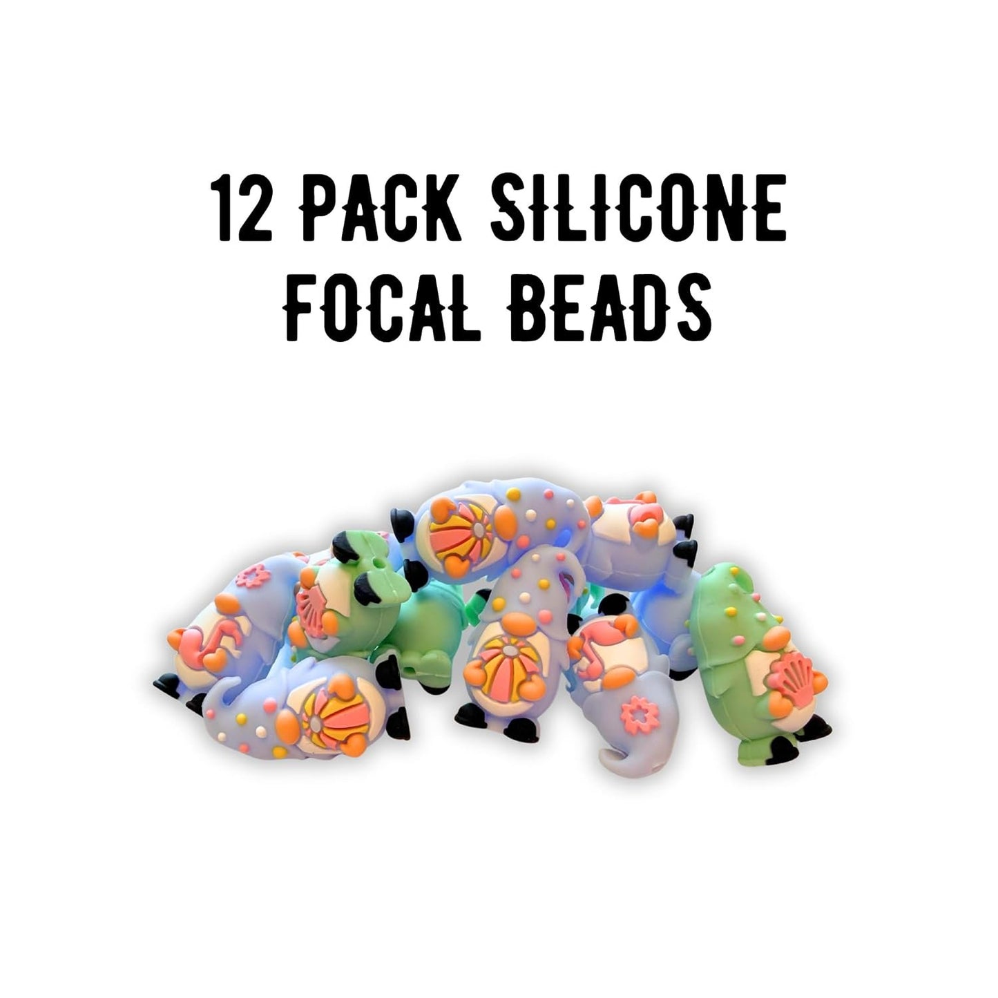 Gnomes Holding Sea Shells Beach Balls 3D Silicone Focal Beads 12pk Bulk 1.3x0.7” Summer Teal Purple Garden 2 Holes Beadable Pens DIY Unique
