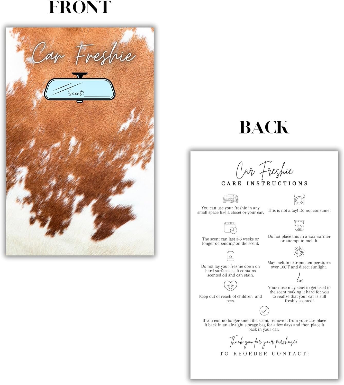 Car Freshie Insert Cards | 50 pk 5.5x8.5” Cow Print Western, fits in 6x9” for Holographic Bags Freshie Scent Label Care Instruction Cardstock