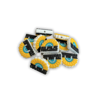 You Are My Sunshine Focal Bead Silicone Sunflower 12pk 1.2x0.95” Teal Turquoise Beadable Pen Bulk  Phrase Saying DIY Charm Keychain