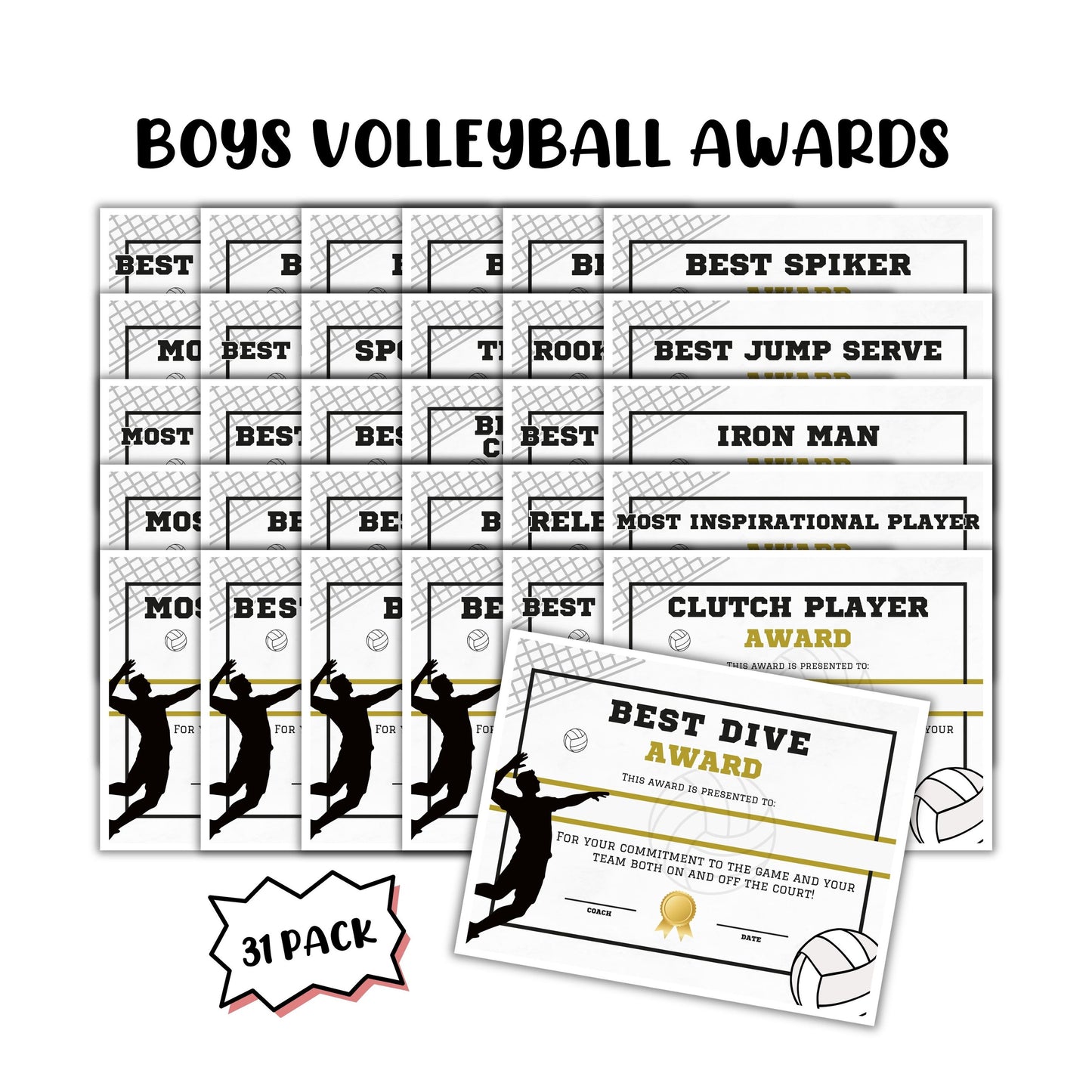 Mens Volleyball Athletic Achievement Awards 31pk Unique 8.5x11” Superlative Certificates MVP Youth Sports Spirit Sportsmanship End of Year Recognition Team