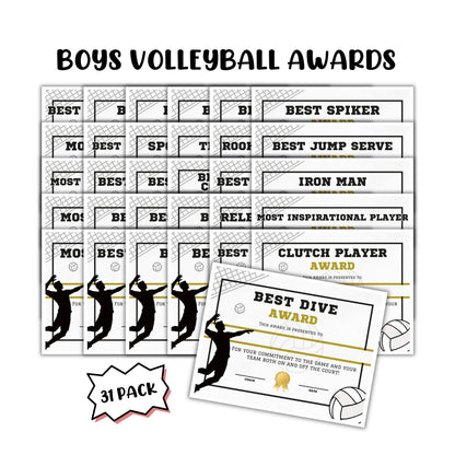 Mens Volleyball Athletic Achievement Awards 31pk Unique 8.5x11” Superlative Certificates MVP Youth Sports Spirit Sportsmanship End of Year Recognition Team