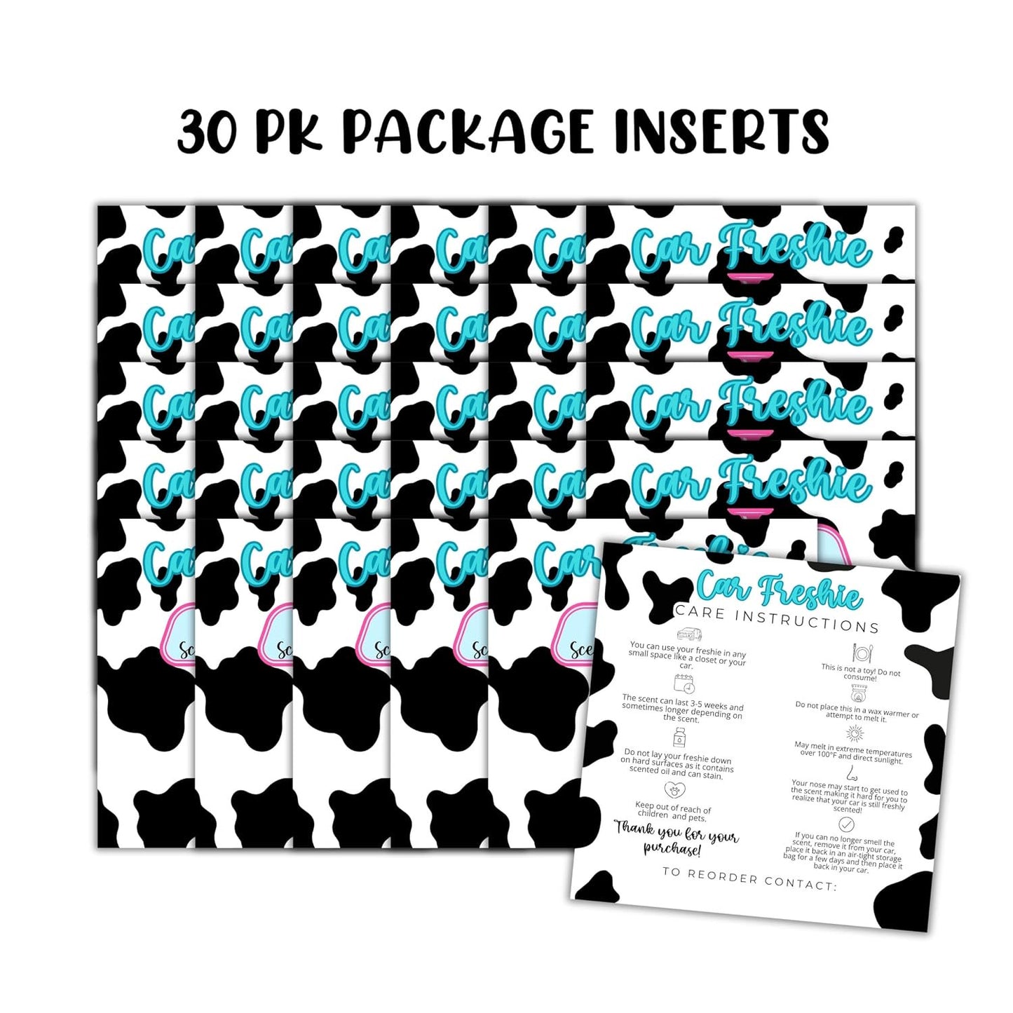Cow Print Western Cardstock Inserts for Car Freshie Bags 30pk 5.6x5.6” Packaging Care Instructions Ideal for Sacks 6” Square Backers for Customers