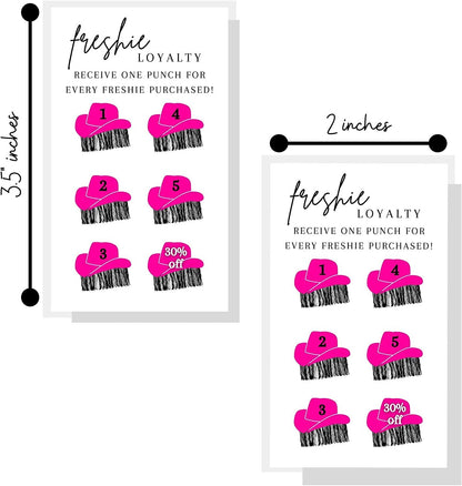 Freshie Loyalty Cards with Fringe Cowgirl Hats | 50 Pack | 2" x 3.5" inches Business Card Size | Freshies Supplies | Customer Loyalty | White Card with Pink Hats