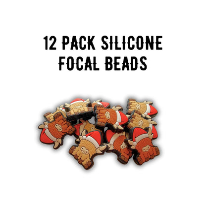 Highland Cow with Santa Hat Christmas Silicone Focal Beads 12pk Bulk 1.17x1” Hairy Animal Character Holiday Red Beadable Pen Keychain