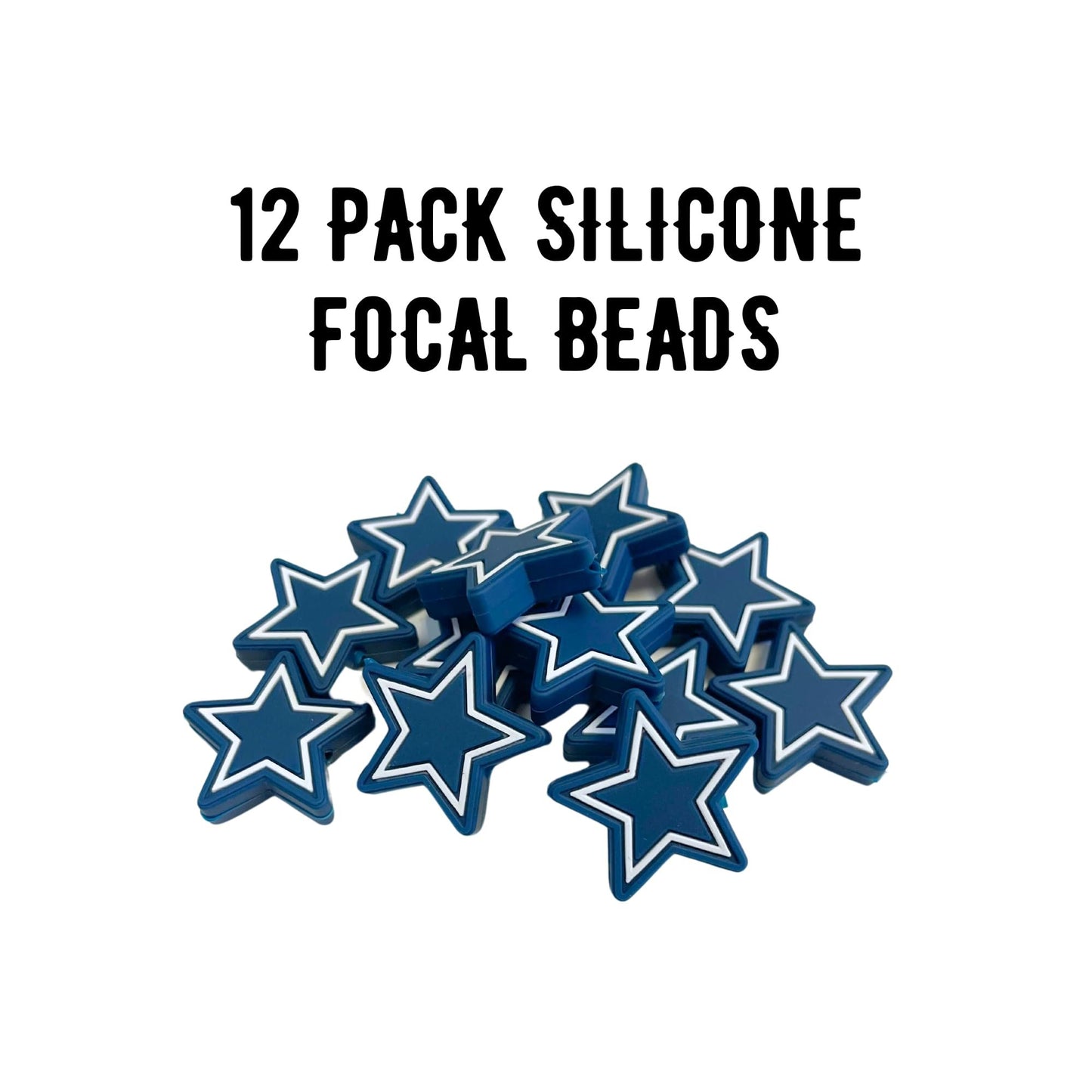 Dallas Focal Bead Sports Football 12pk 1.16” for Bulk Keychains Silicone Charm Beadable Pens Freshie Hangers Logo Game Day Blue Silver