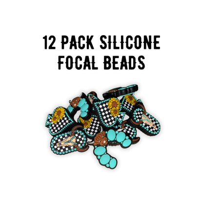 Cow Checkered Western Teal Silicone Focal Beads Mixed Assorted Skull Bulk Pack 12pc 2.75cm for Beadable Pens Keychains Freshie Hangers