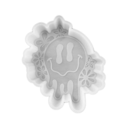 Drip Smiley Face with Flowers Silicone Freshie Mold 5x4” 90’s Retro Trendy Drippy Car Candle Freshener Oven Safe Bake Unique Checkered