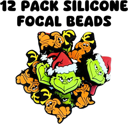 Grinch Silicone Focal Beads | 12 Mixed Pack Max and Mean One for Freshie Hanger Christmas Cardstock Rounds Beadable Makeup Brushes Charms Holiday Beaded Pens Dog Green