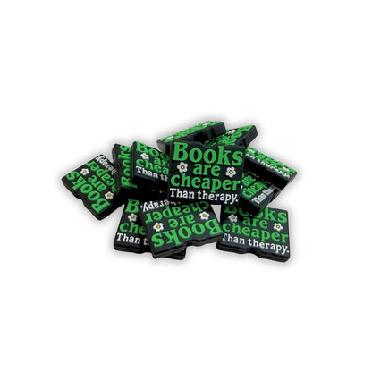 Books Are Cheaper Than Therapy Silicone Focal Bead 12pk Bulk 0.95x1.15” Beadable Pens Black Green Daisy Bookworm Reader Gift Lover