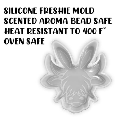 Easter Highland Cow with Bunny Ears Freshie Silicone Mold | 5.5x5.5x0.8” inch for Scented Aroma Beads Supplies, Resin, Car Candle, Soap Oven Safe Heat Resistant to 400 F˚ Holiday Egg Furry Hairy Cow