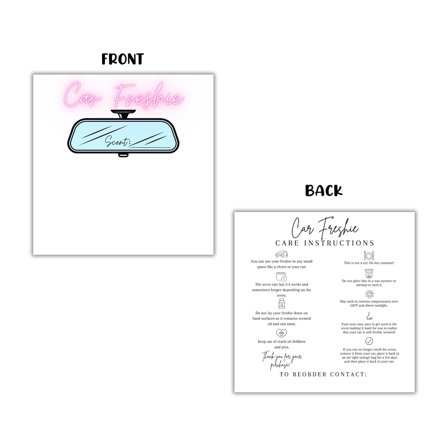 Freshie Bag Cardstock Insert 30pk 5.6x5.6” Ideal for 6” Square Holographic Bags White Minimalist Rounds Packaging with Care Instructions for Client Cards